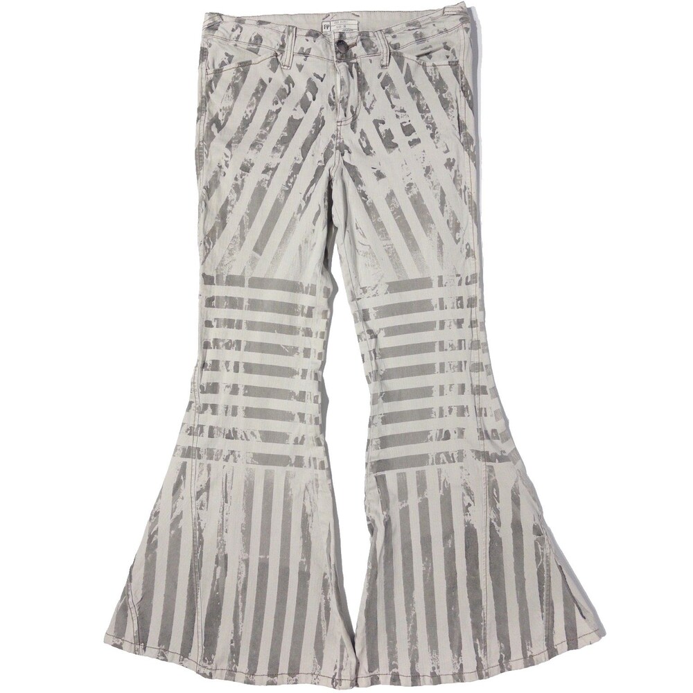 Free People FP Gray Beige Striped Bellbottom Flared Jeans Women Size 30 (J6)